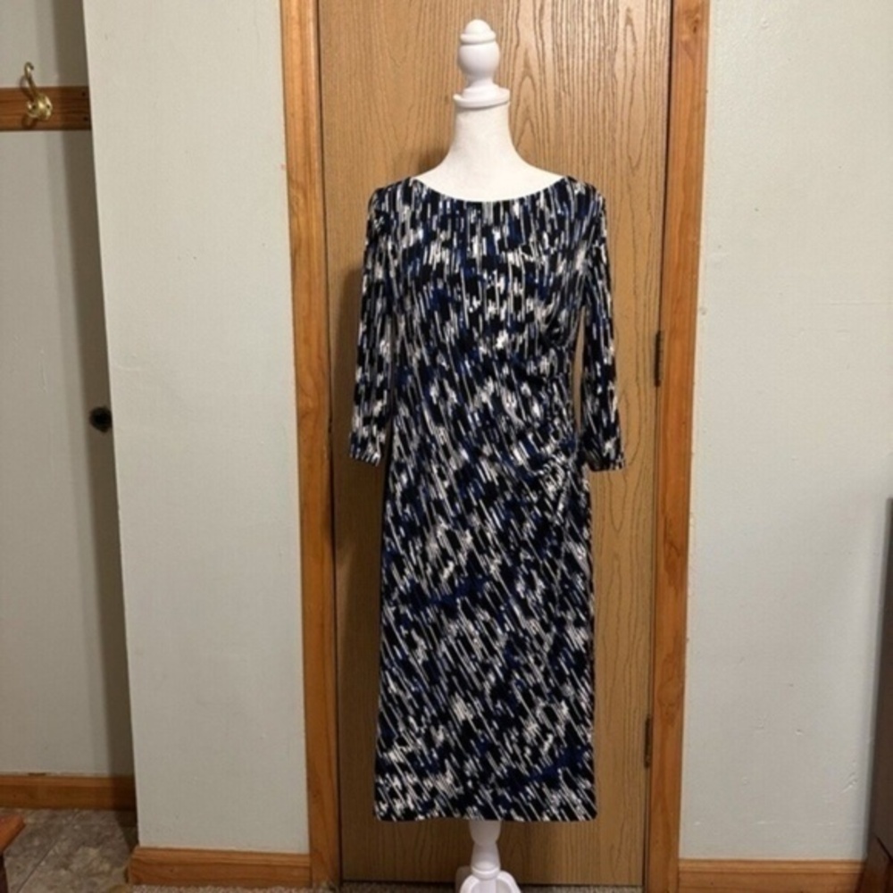 Kasper Size 8 Multi-Color w/Geometric Print 3/4 Sleeve Mid-Calf Sheath Dress